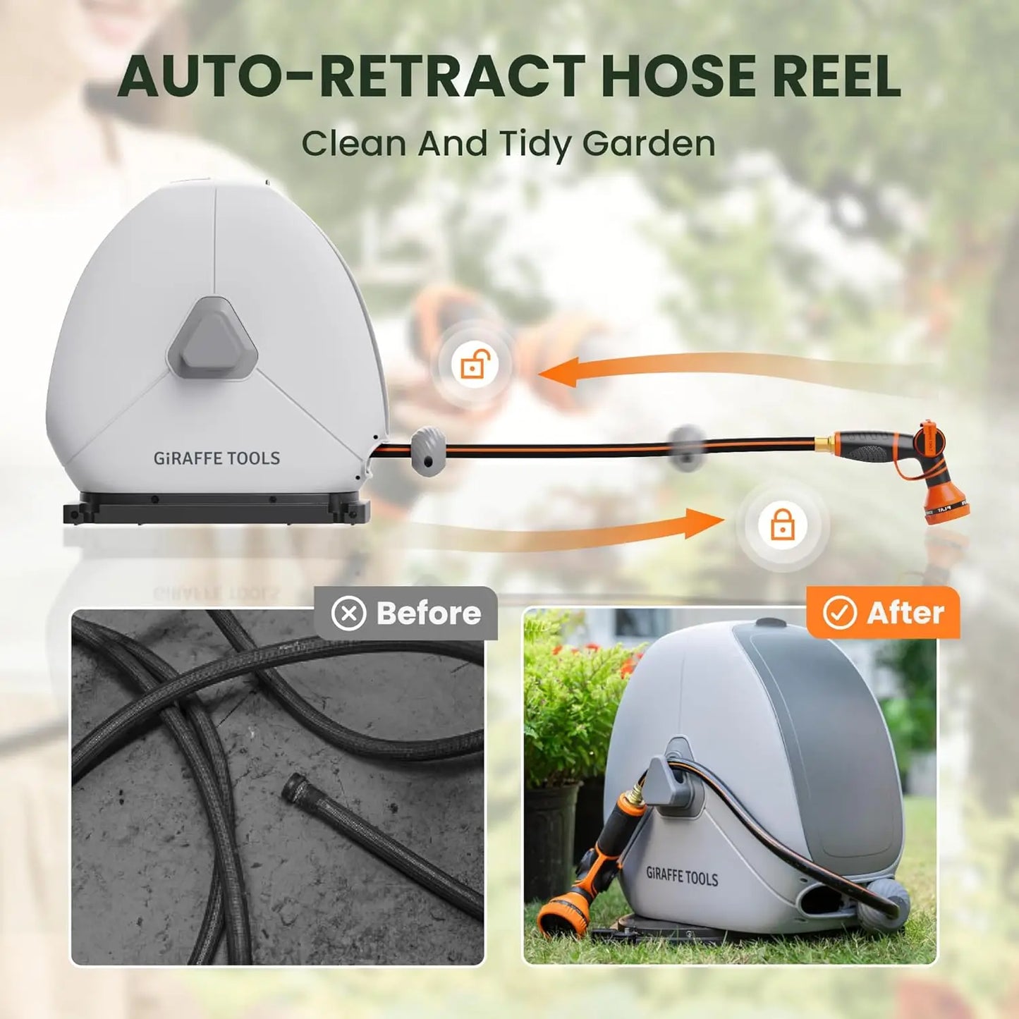 Giraffe Tools Retractable Hose Reel With Automatic Rewind Lock