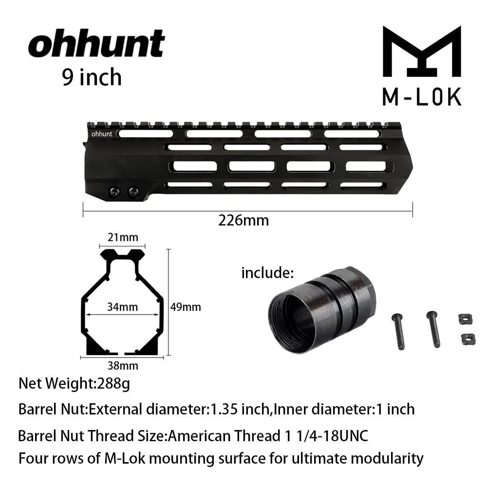 Ohhunt AR15 Free Float MLOK Handguard With Steel Barrel Nut