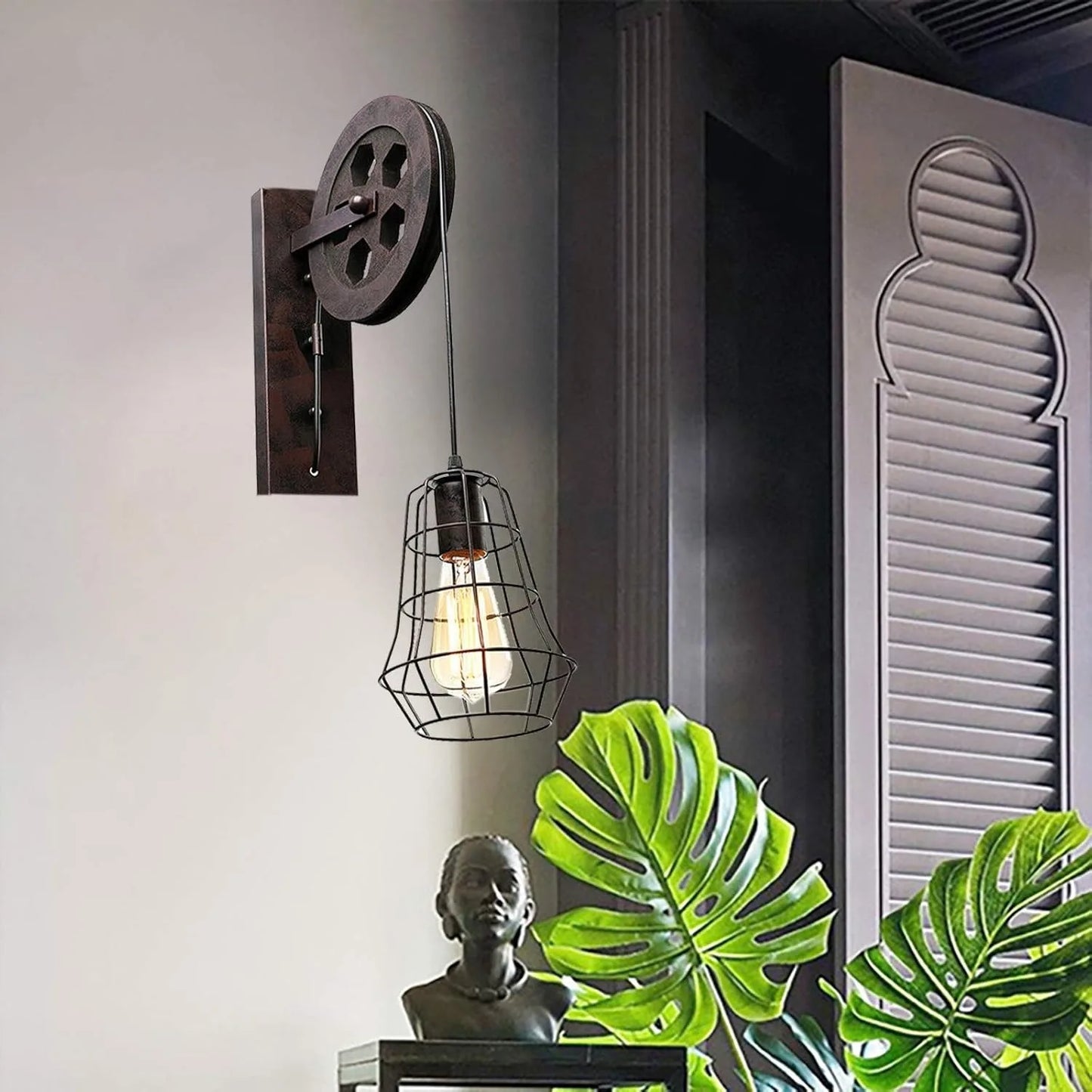 Bymaocar Industrial Wall Sconce Lift Pulley Iron Cage Lampshade