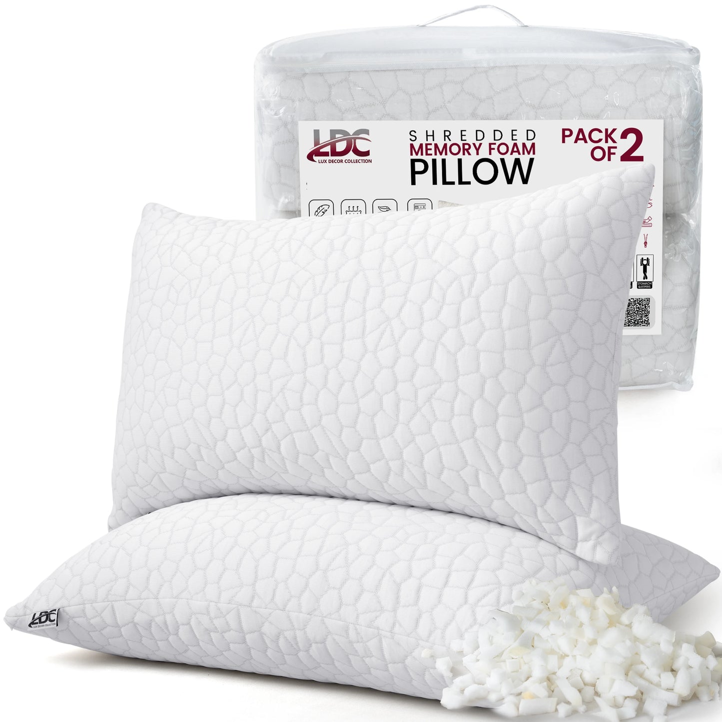 Shredded Memory Foam Pillows 2 Pack With Washable Cover
