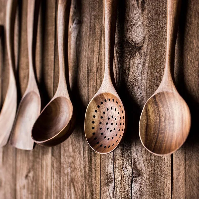 Teak Wood Utensil Set 5Piece Kitchen Tools For Safe Cooking
