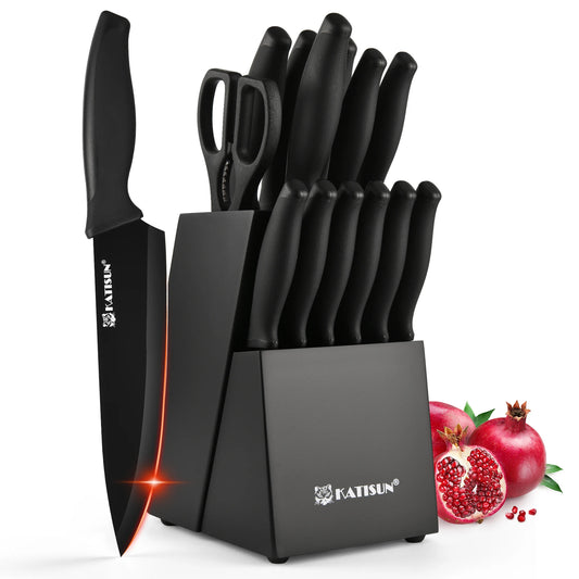 KATISUN Carbon Steel Knife Block Set With Built In Sharpener