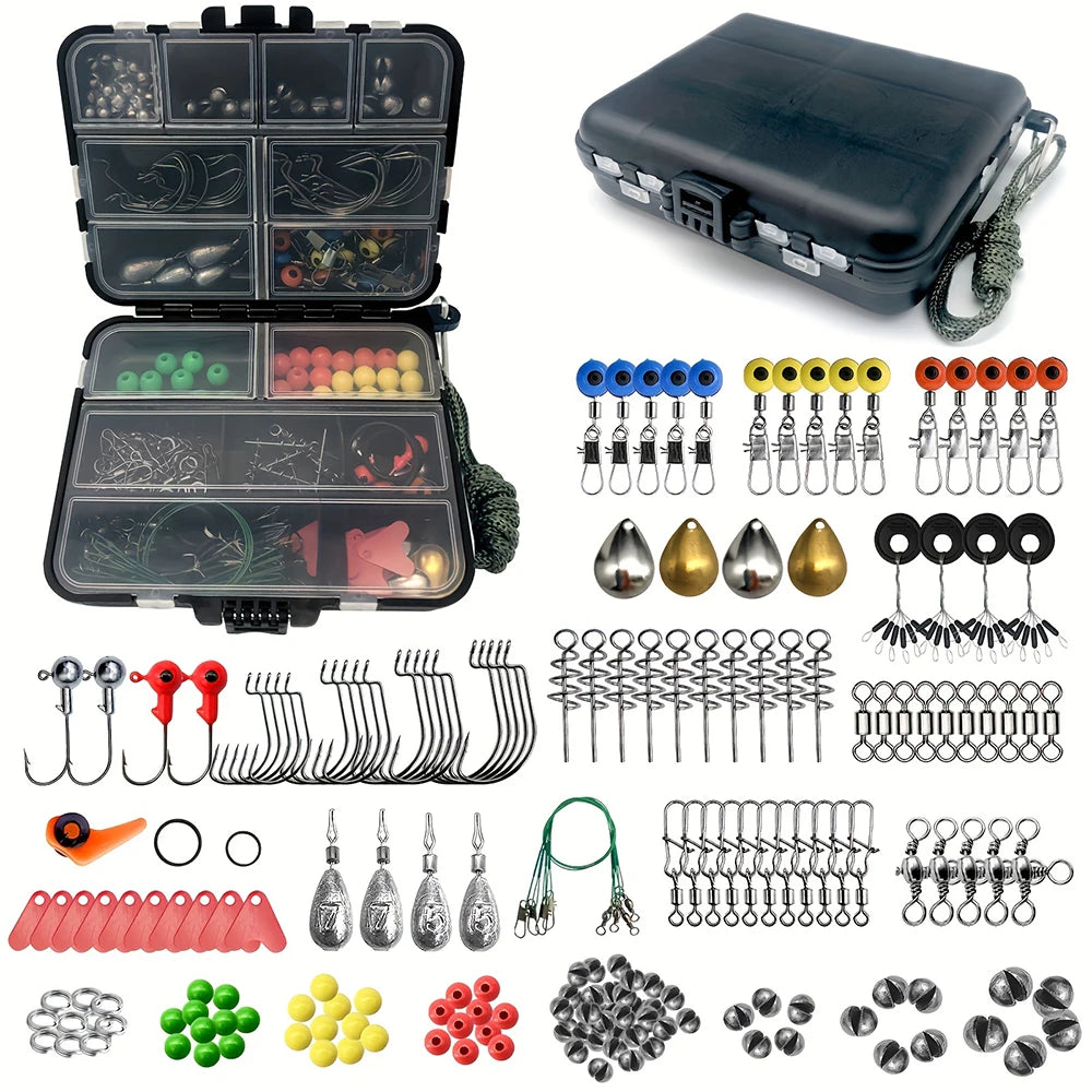 187 Piece Fishing Kit Set Tackle Box With Hooks Sinkers Bait Parts