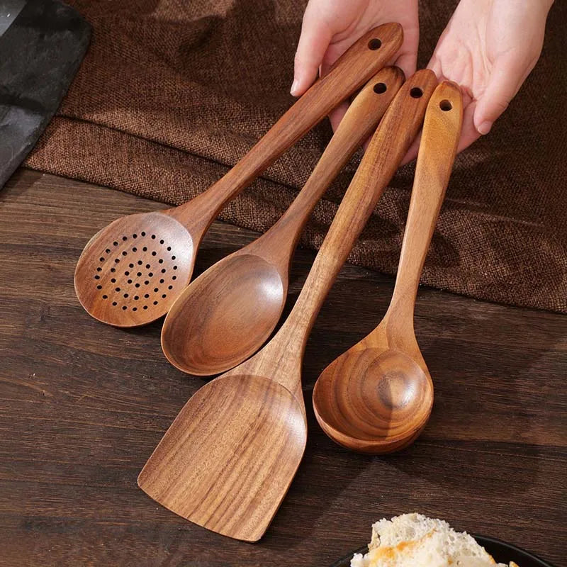 Teak Wood Utensil Set 5Piece Kitchen Tools For Safe Cooking