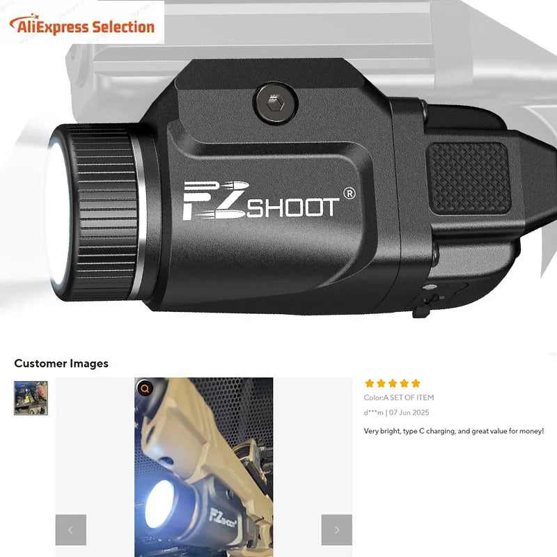 Pistol Light Rechargeable LED Flashlight With Strobe For Picatinny Rails