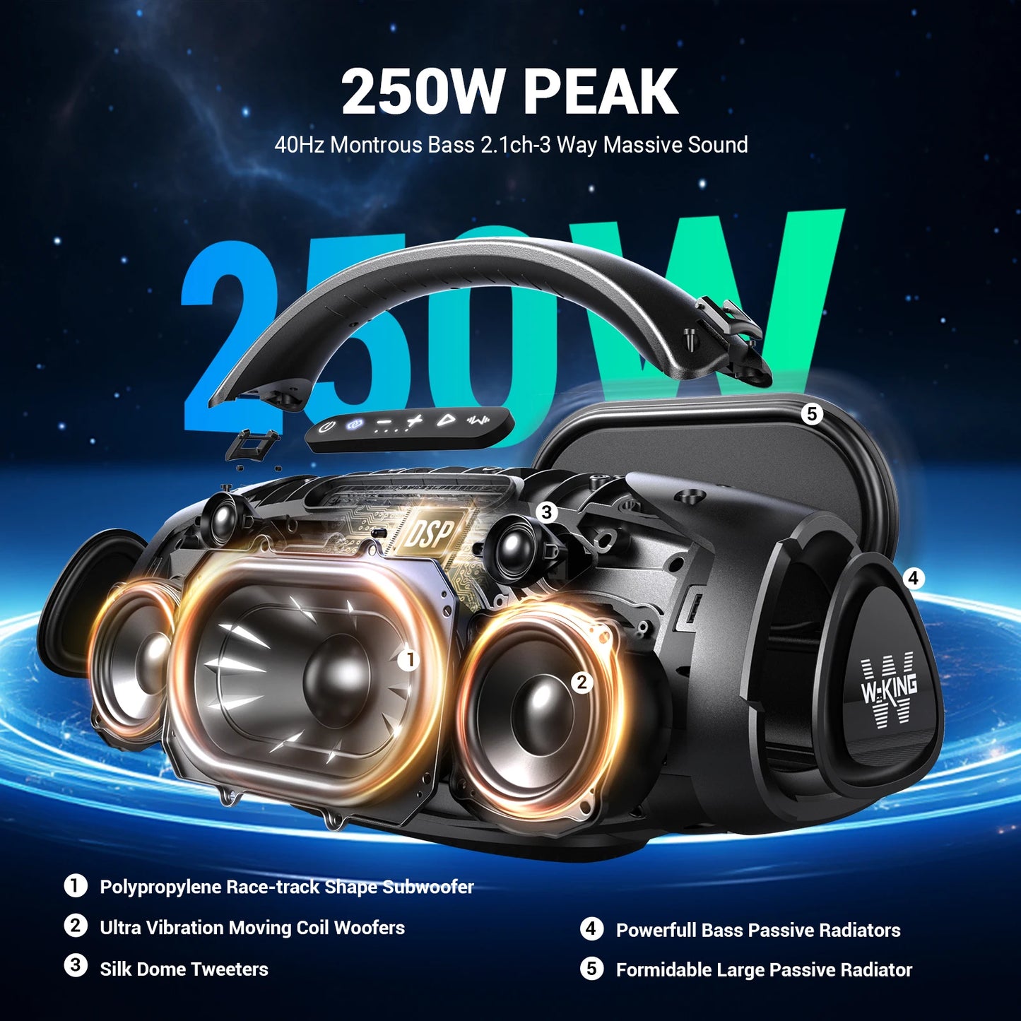 W-King 180W RMS Portable Bluetooth Speaker IPX7 Waterproof