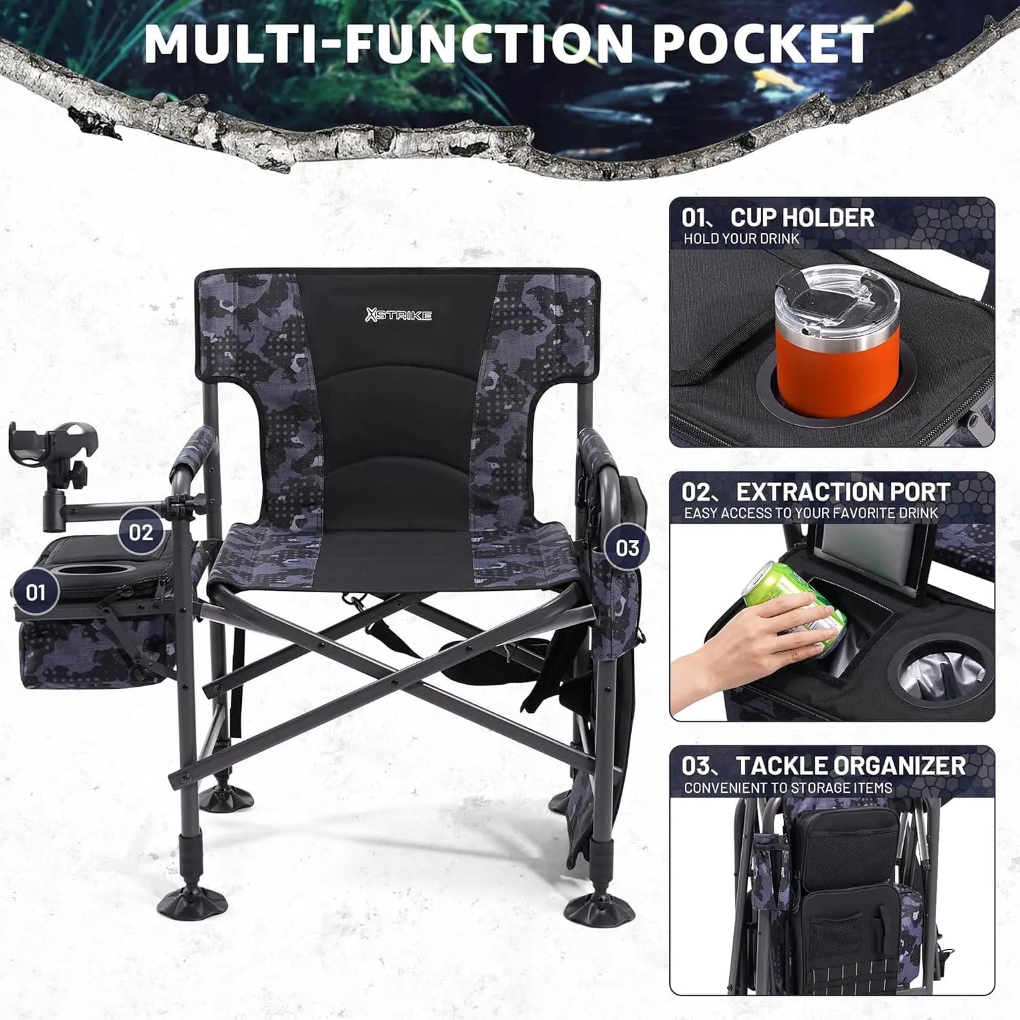 Heated Folding Fishing Chair With Rod Holder 350LBS Capacity