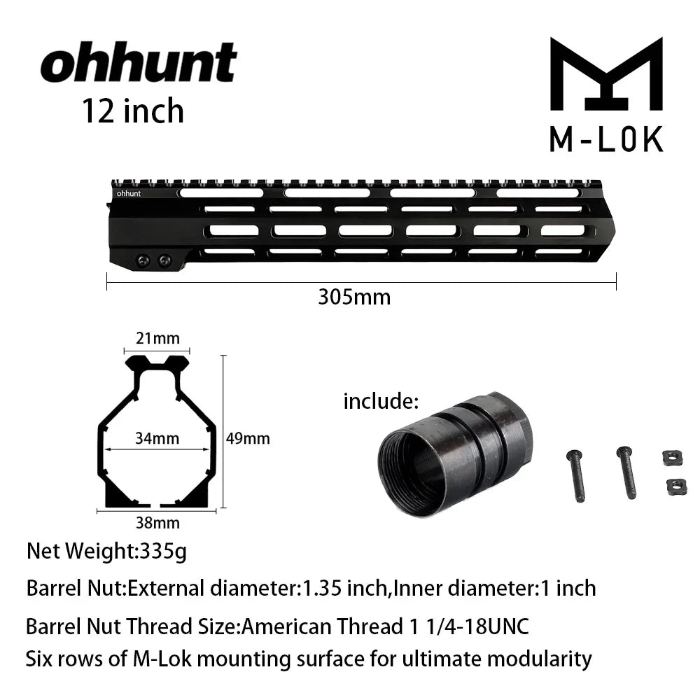 Ohhunt AR15 Free Float MLOK Handguard With Steel Barrel Nut