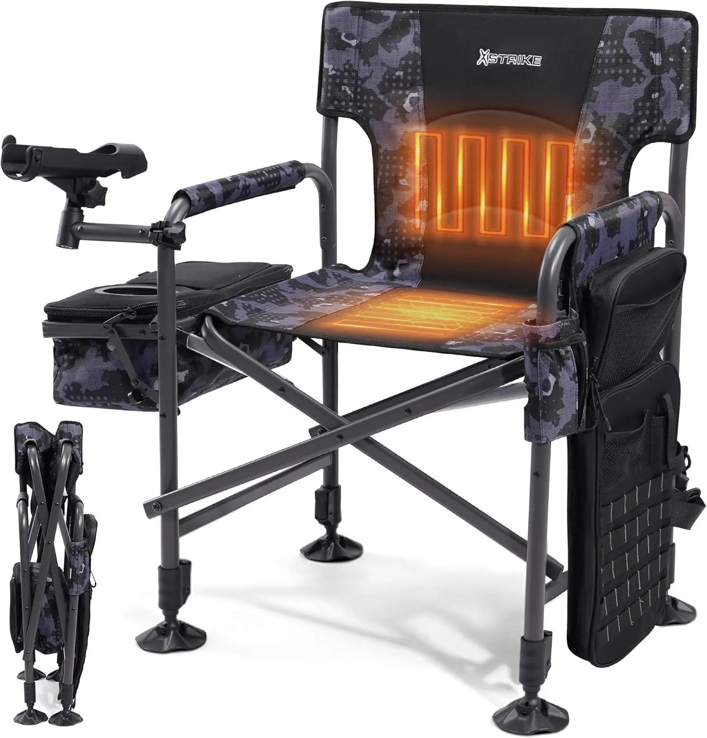 Heated Folding Fishing Chair With Rod Holder 350LBS Capacity