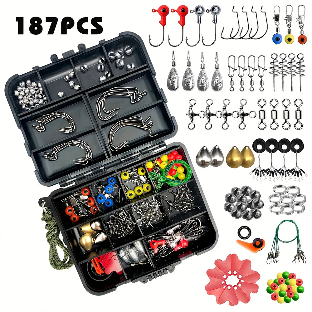 187 Piece Fishing Kit Set Tackle Box With Hooks Sinkers Bait Parts