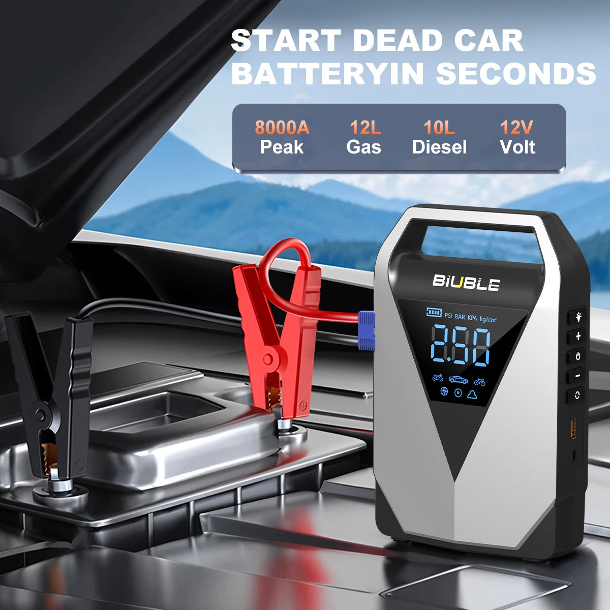BIUBLE 4 In 1 Car Jump Starter Air Pump 12000mAhBattery