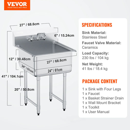 SucceBuy Stainless Steel Kitchen Prep Sink With Faucet
