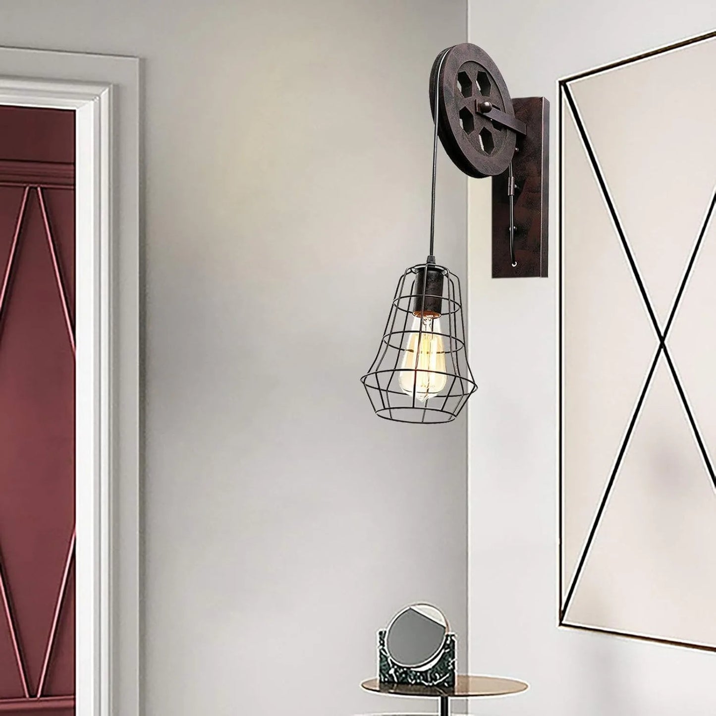 Bymaocar Industrial Wall Sconce Lift Pulley Iron Cage Lampshade