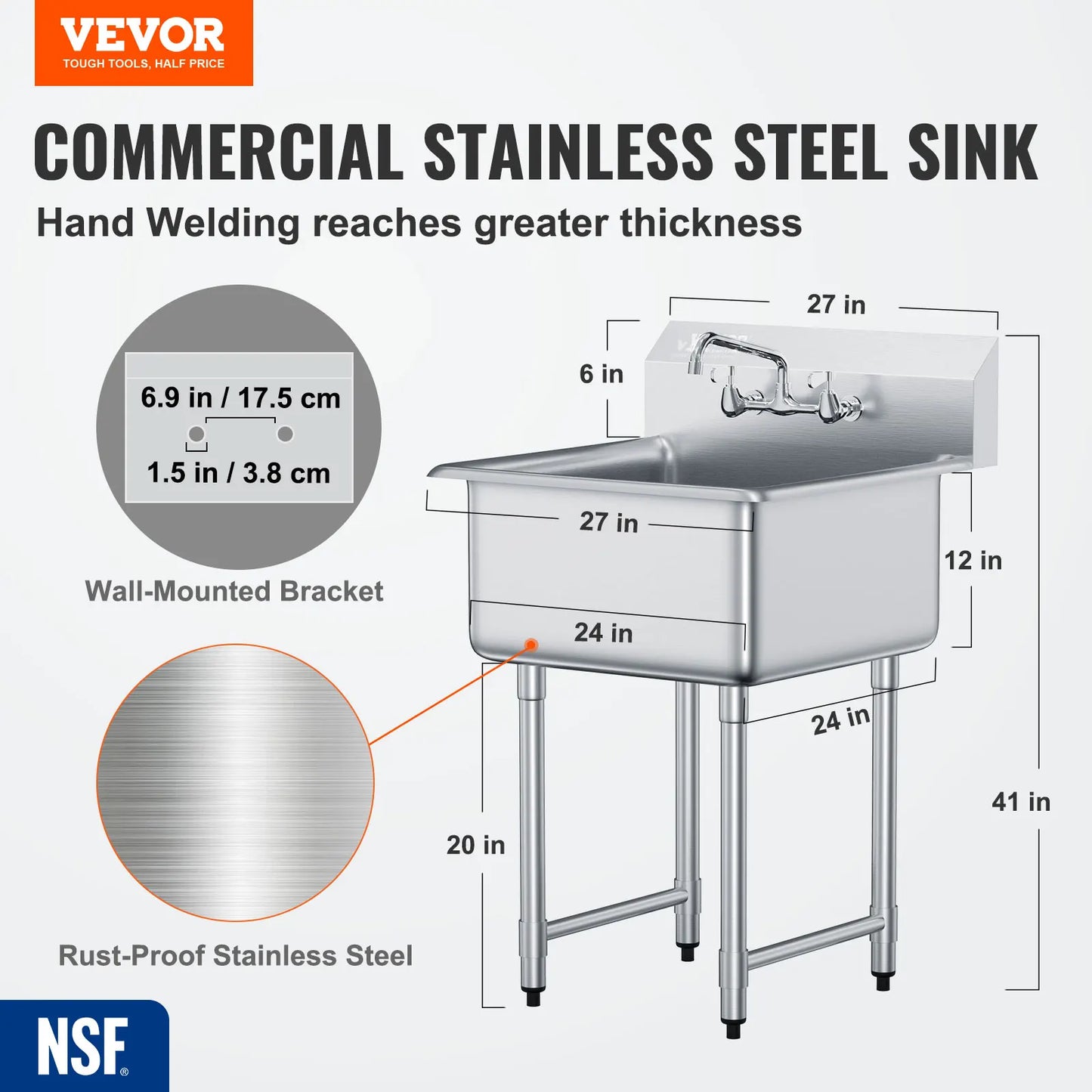 Stainless Steel Kitchen Prep Sink 1 Compartment With Faucet