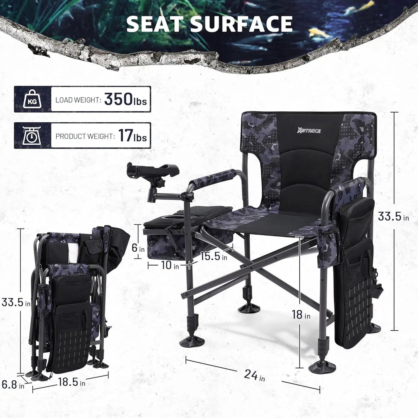 Heated Folding Fishing Chair With Rod Holder 350LBS Capacity