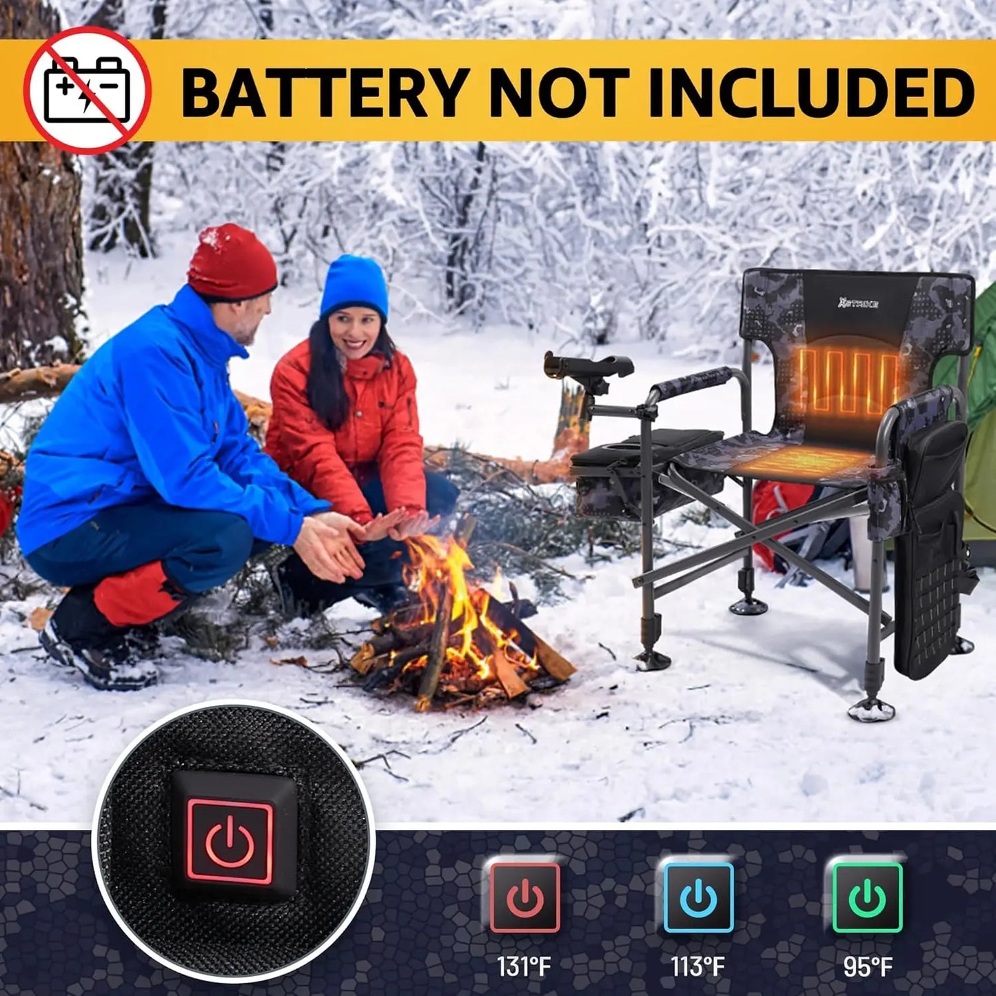 Heated Folding Fishing Chair With Rod Holder 350LBS Capacity