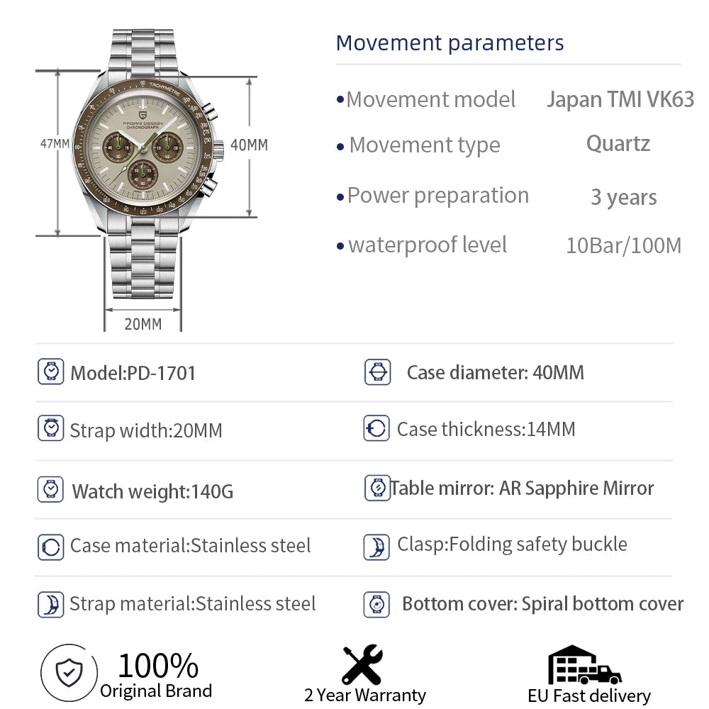 PAGANI DESIGN Saturn Mens Quartz Chronograph Watch AR Sapphire Crystal