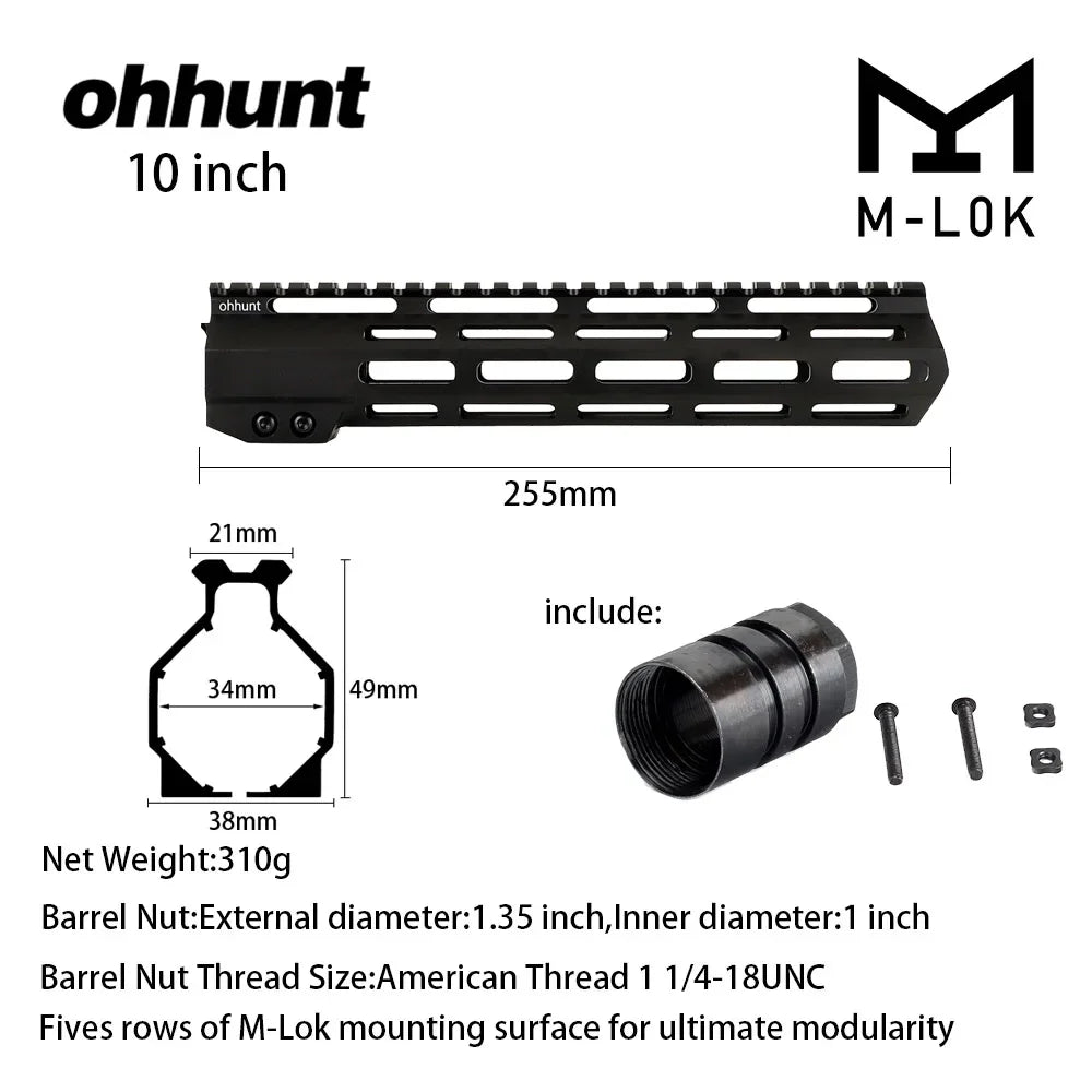 Ohhunt AR15 Free Float MLOK Handguard With Steel Barrel Nut