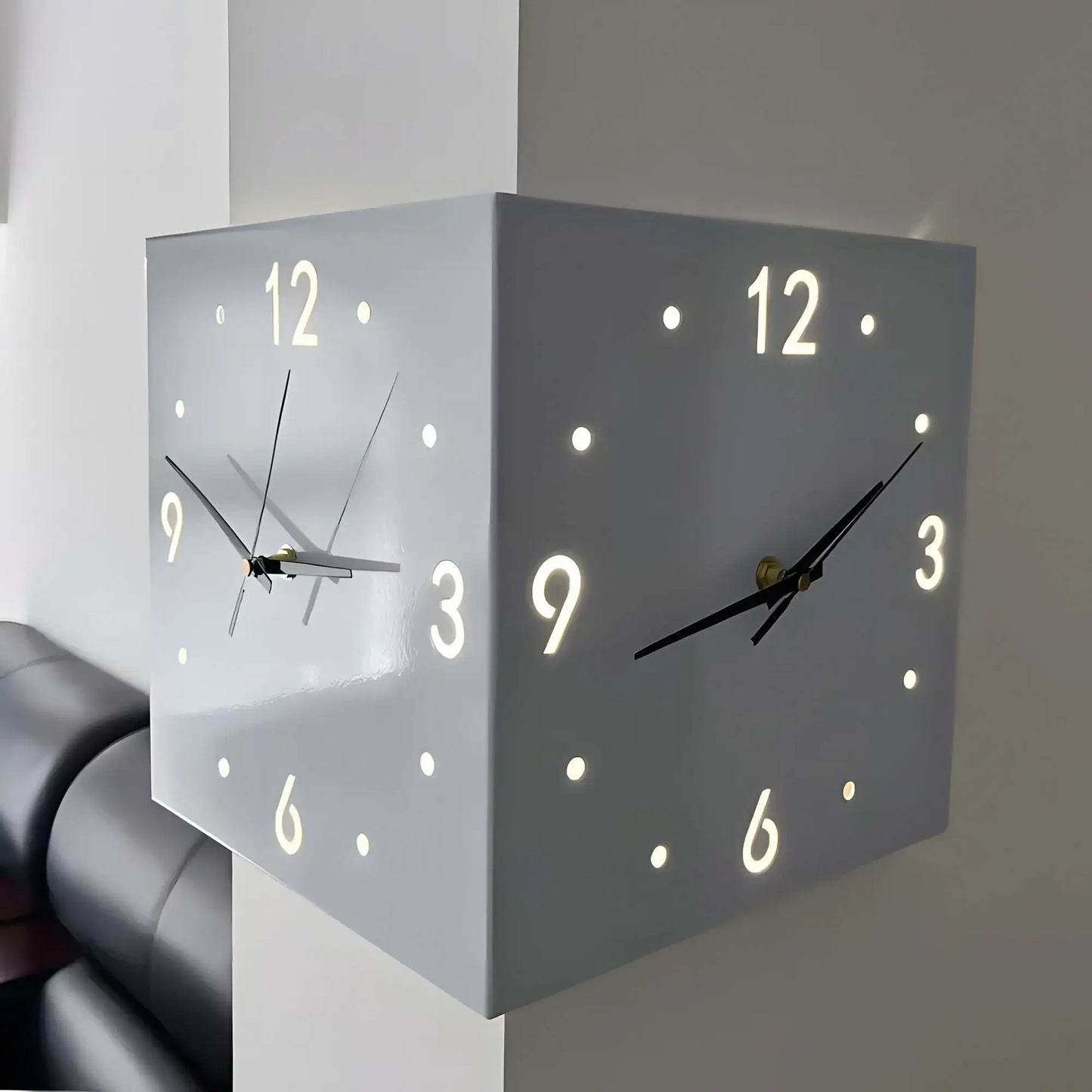 Double Sided Luminous Corner Wall Clock With Quiet Movement