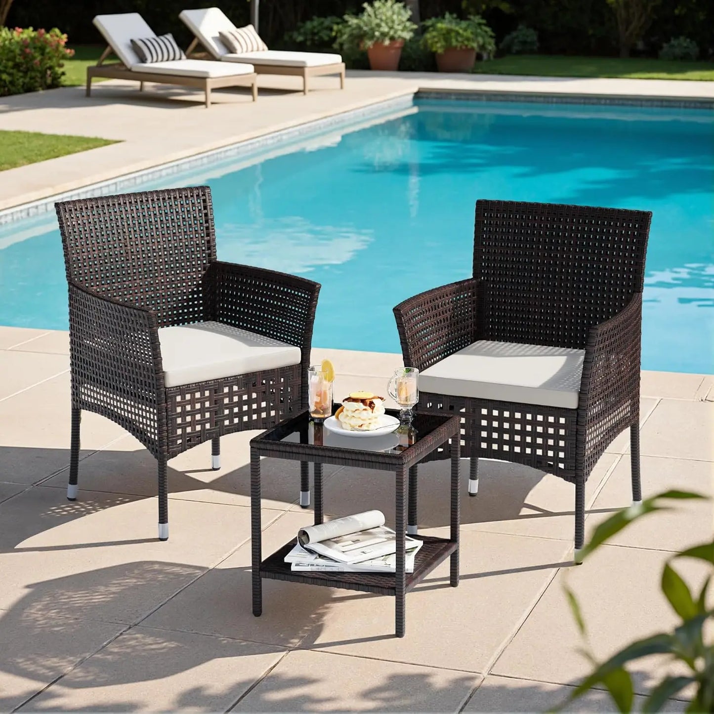 Outdoor Wicker 3 Piece Patio Furniture Set With Glass Table