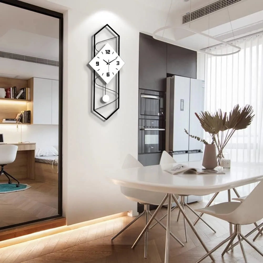 Quartz Silent Wall Clock With Pendulum Metal Modern Design