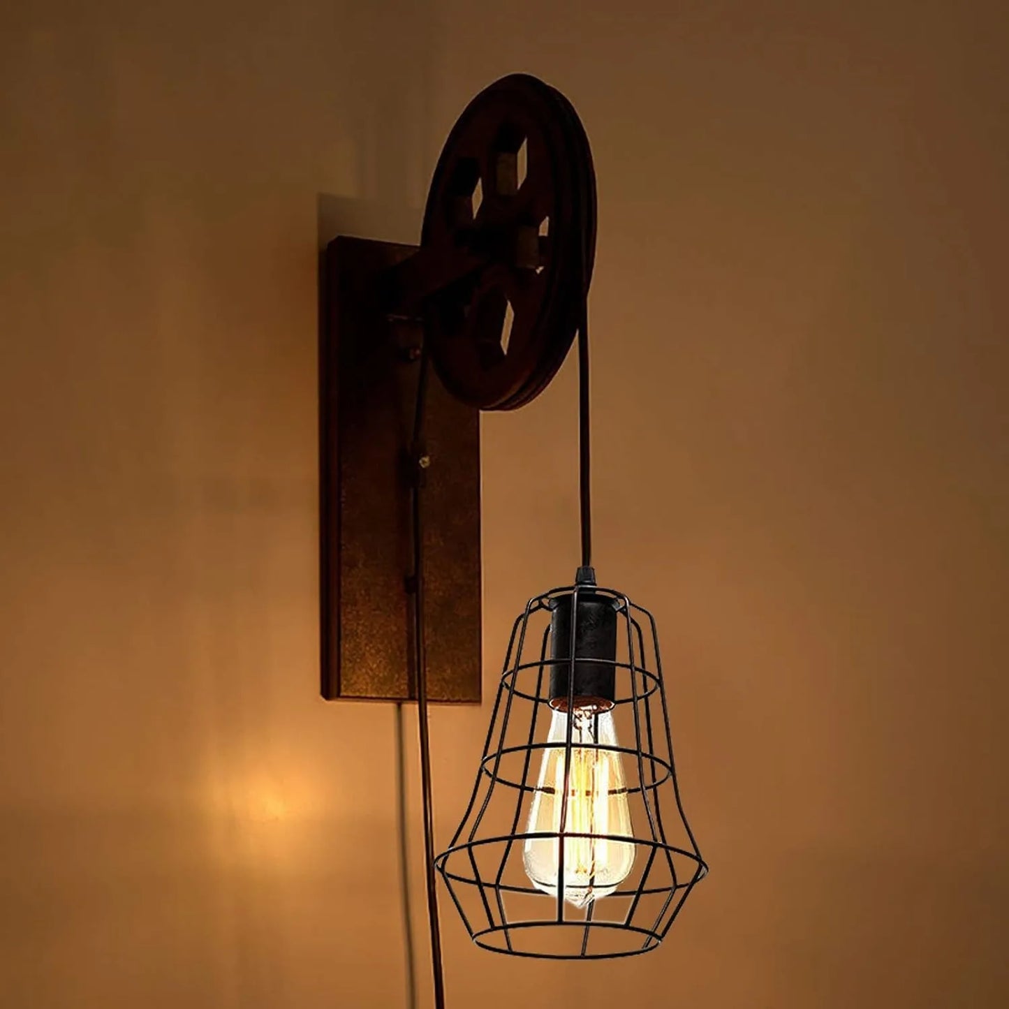 Bymaocar Industrial Wall Sconce Lift Pulley Iron Cage Lampshade