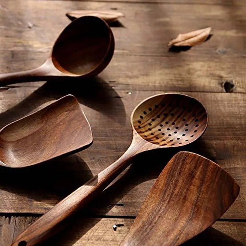 Teak Wood Utensil Set 5Piece Kitchen Tools For Safe Cooking