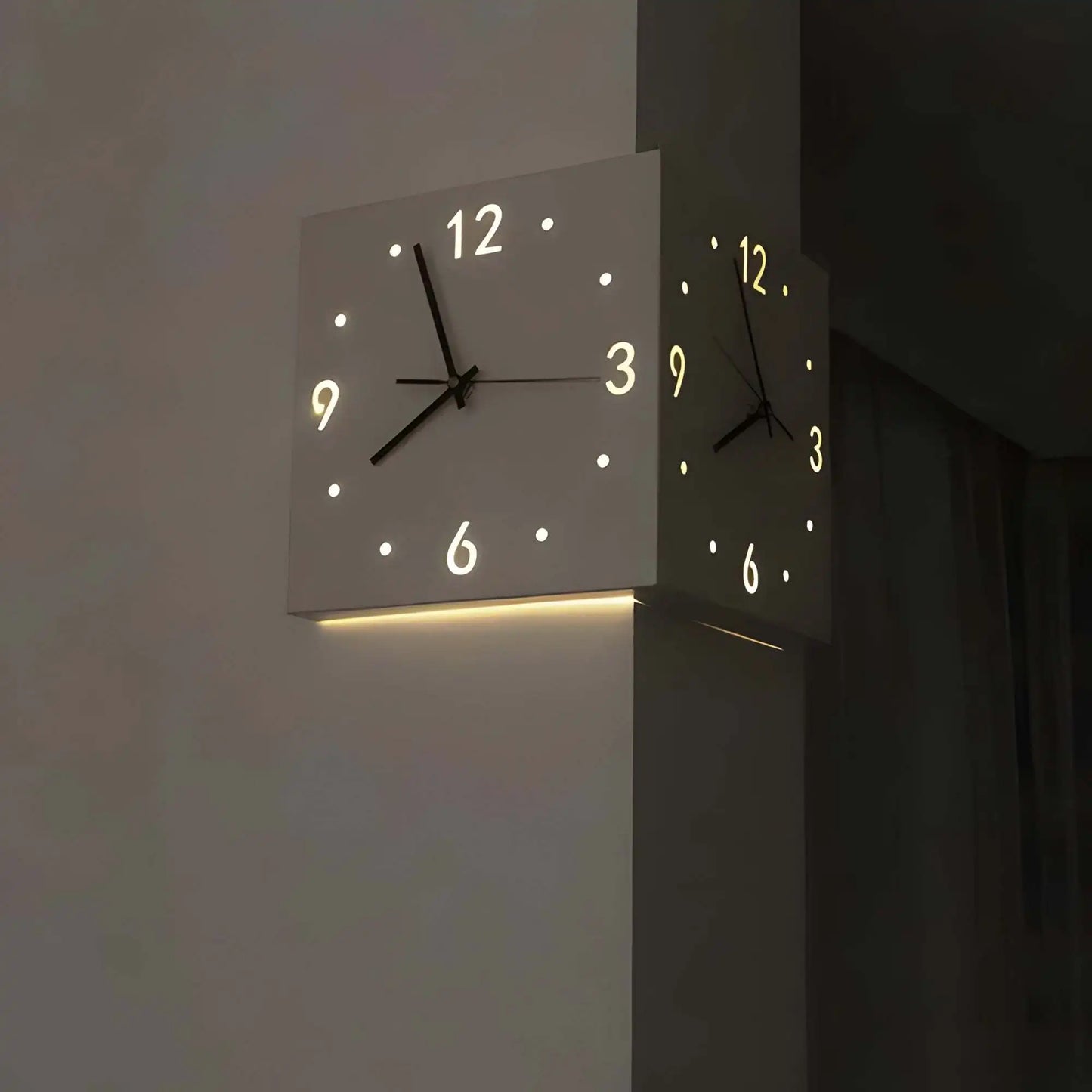 Double Sided Luminous Corner Wall Clock With Quiet Movement
