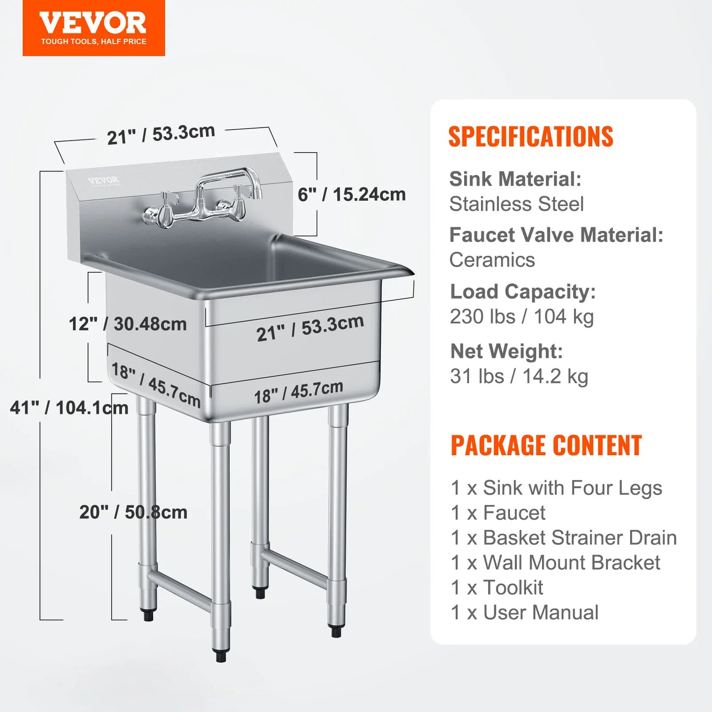 Stainless Steel Kitchen Prep Sink 1 Compartment With Faucet