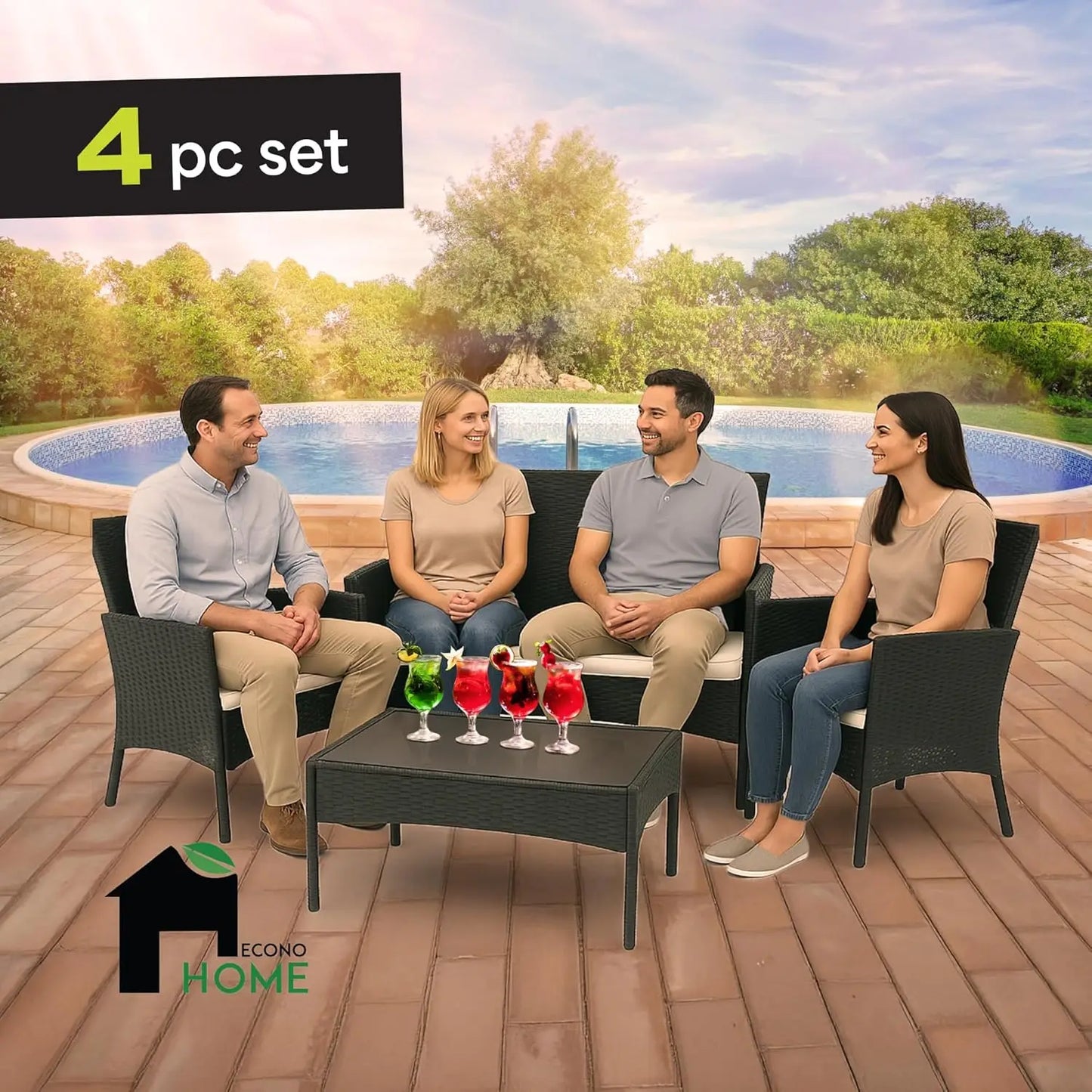 Xiaolang 4-Piece Outdoor Patio Furniture Set With Glass Top Table