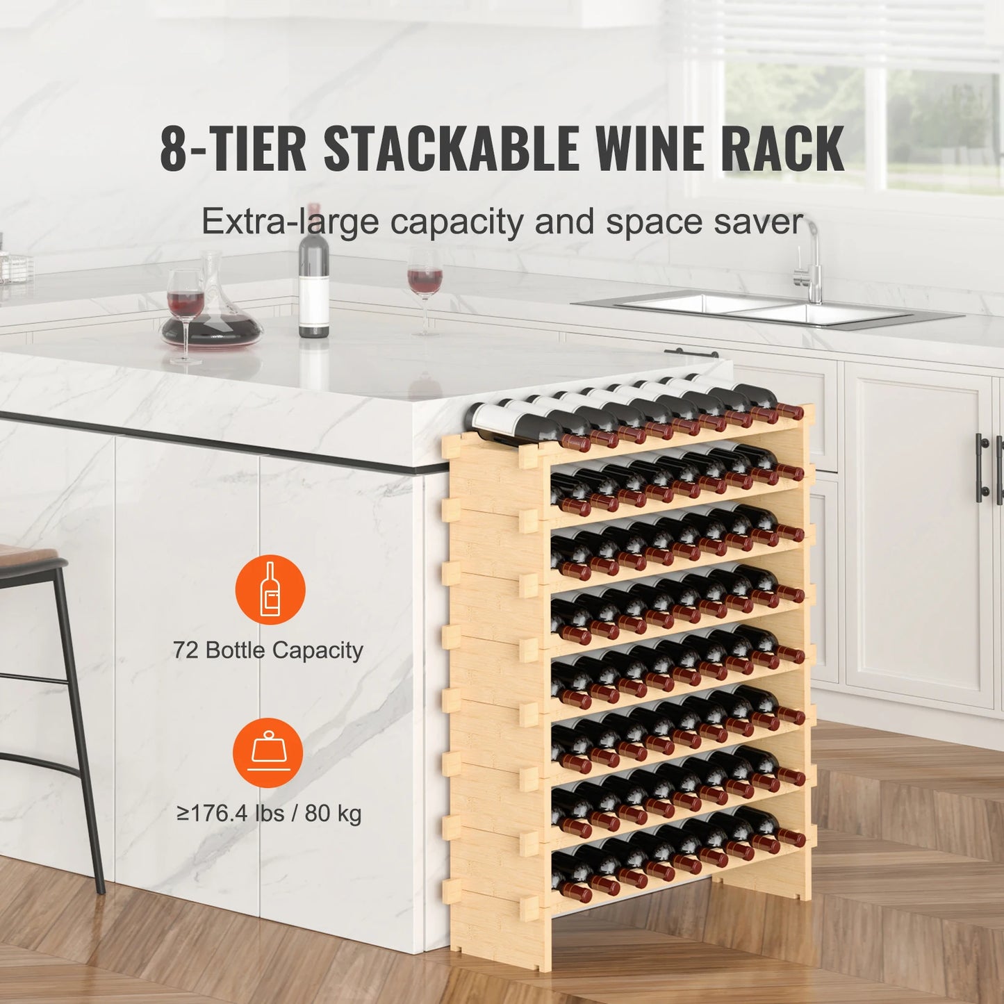 SucceBuy Bamboo 8 Tier Stackable Free Standing Wine Rack
