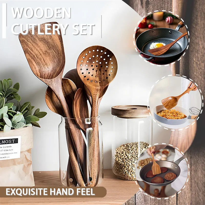 Teak Wood Utensil Set 5Piece Kitchen Tools For Safe Cooking