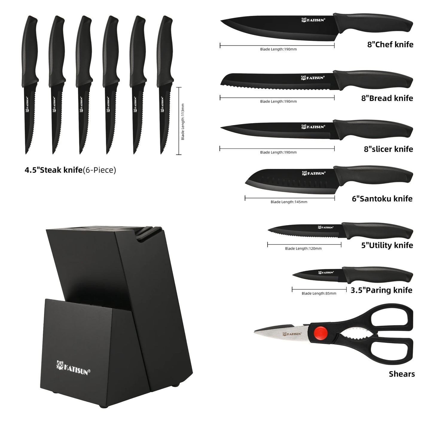 KATISUN Carbon Steel Knife Block Set With Built In Sharpener
