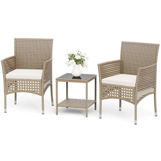 Outdoor 3 Piece Wicker Patio Set With Glass Coffee Table