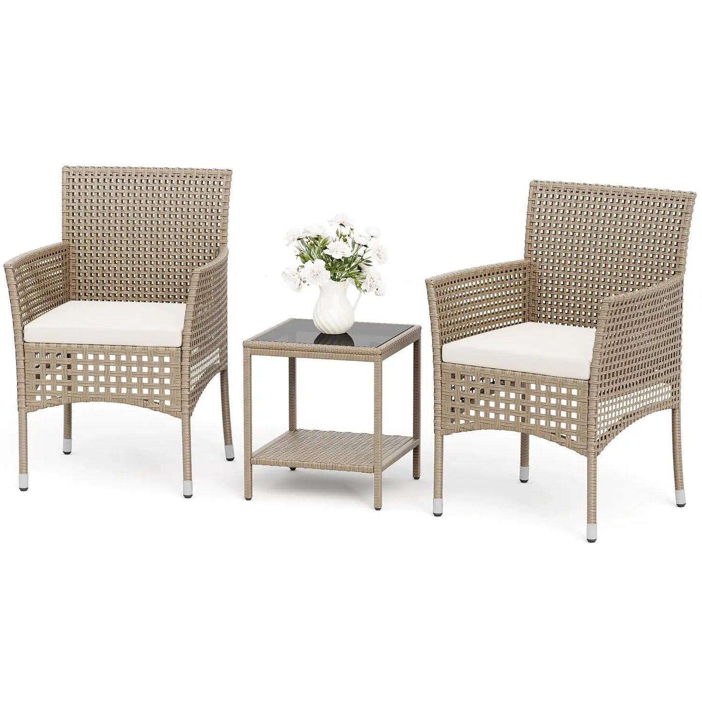 Outdoor 3 Piece Wicker Patio Furniture Set With Glass Table