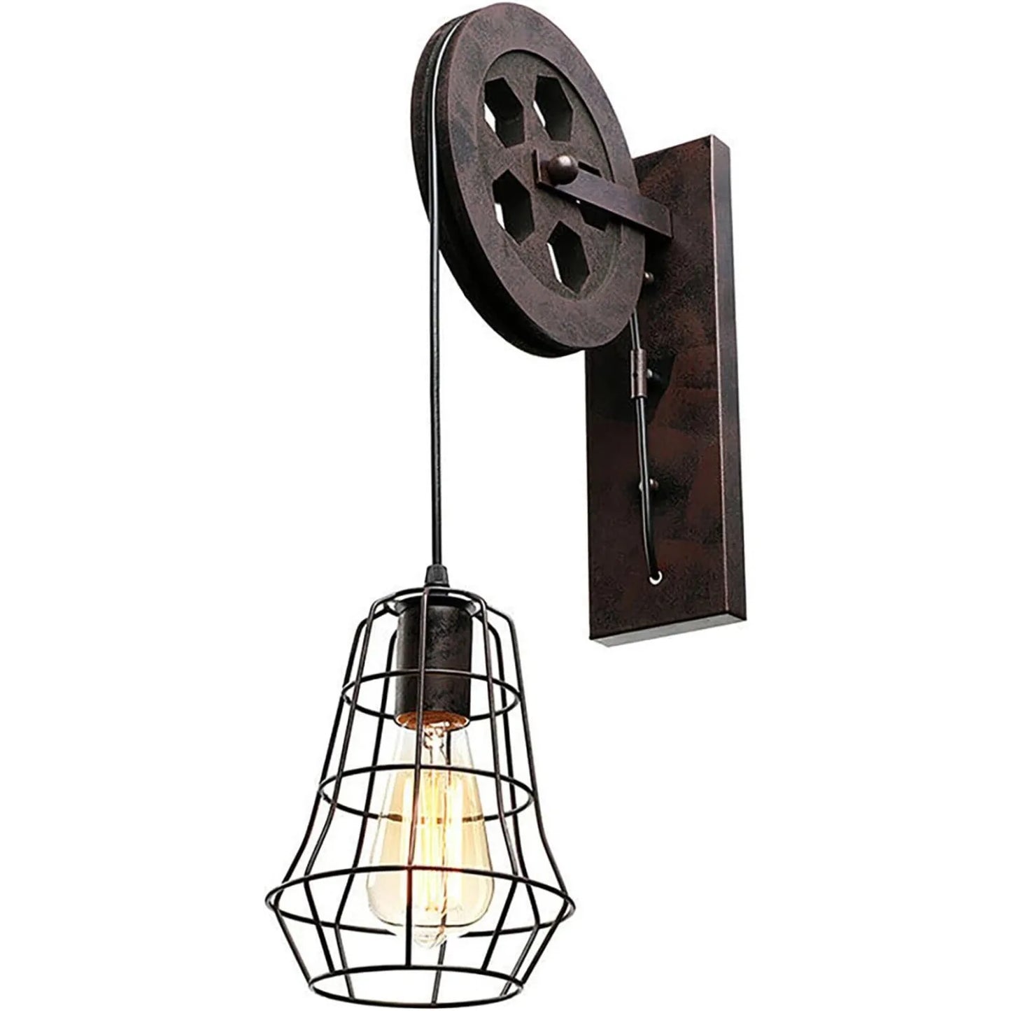 Bymaocar Industrial Wall Sconce Lift Pulley Iron Cage Lampshade
