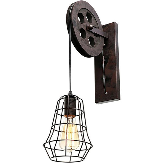 Bymaocar Industrial Wall Sconce Lift Pulley Iron Cage Lampshade