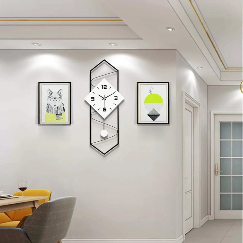 Quartz Silent Wall Clock With Pendulum Metal Modern Design