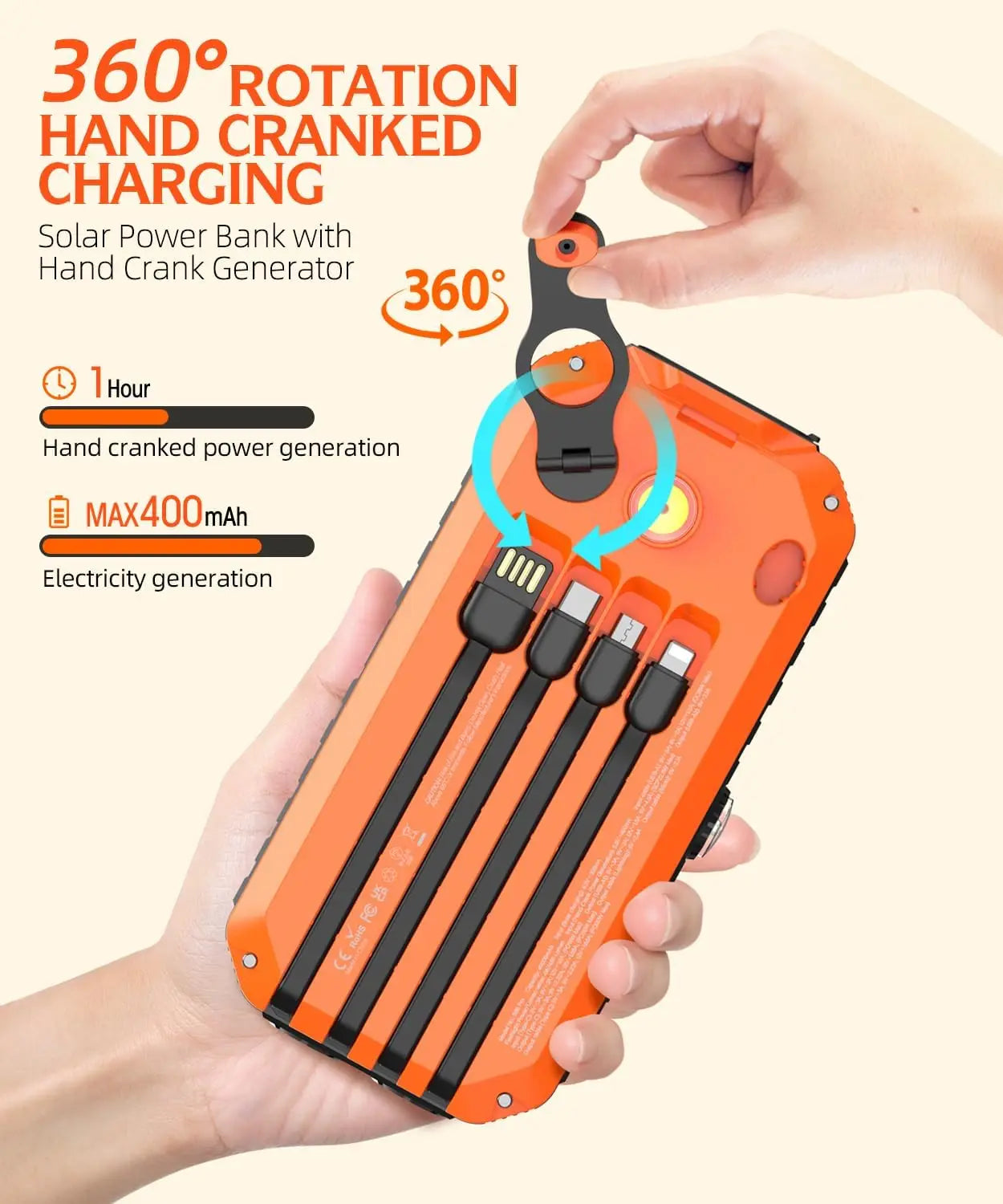 Solar Charger Power Bank 40000mAh With Built-In Cables And Hand Crank