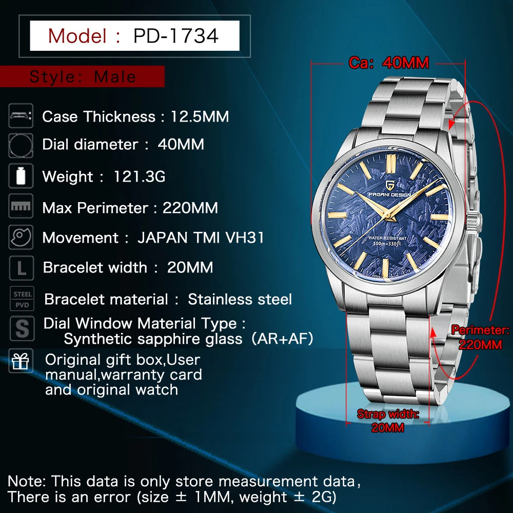 PAGANI DESIGN Quartz Watch Ultra Thin Sapphire Mirror Stainless Steel Men