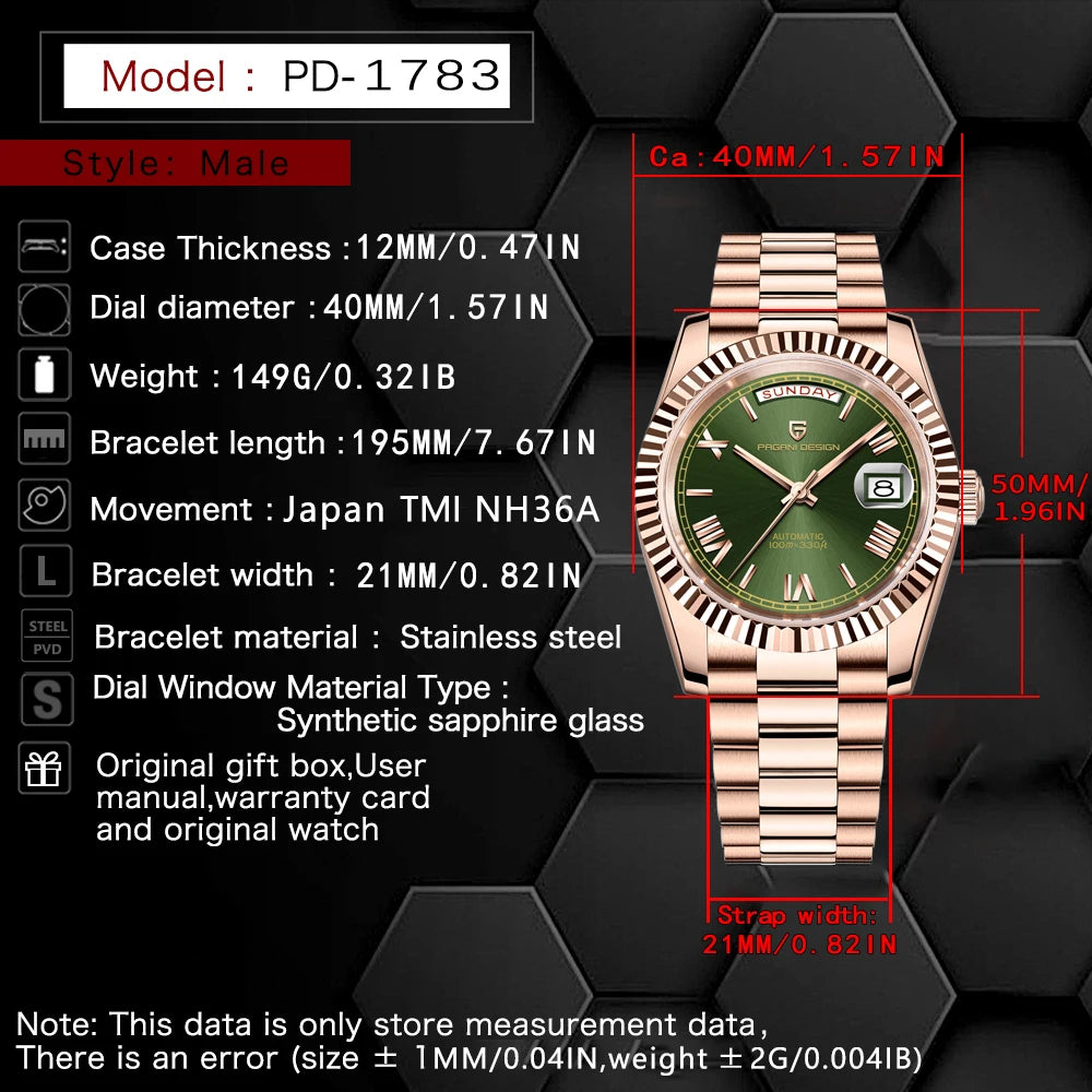 PAGANI DESIGN DD40 Luxury Automatic Mens Watch NH36A Sapphire Crystal