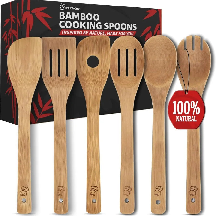 Wooden Spoons 6 Piece Non Scratch Bamboo Utensil Set Non Toxic