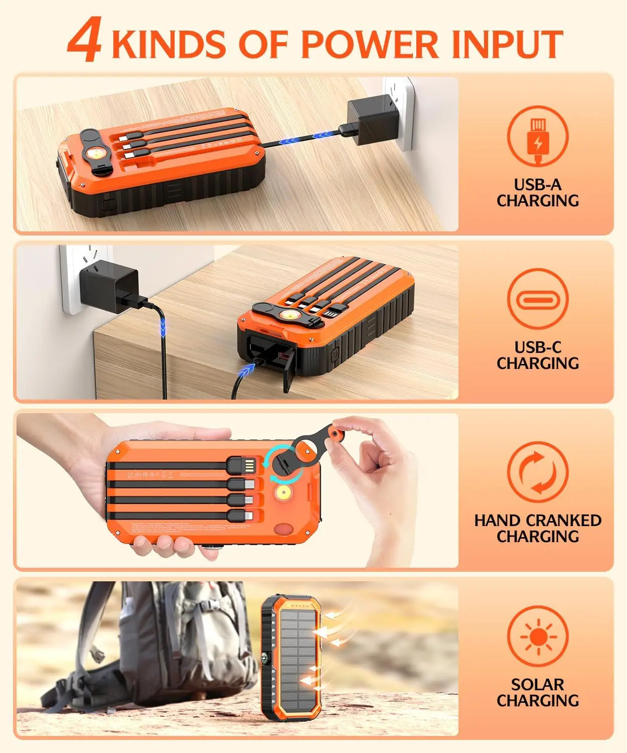 Solar Charger Power Bank 40000mAh With Built-In Cables And Hand Crank