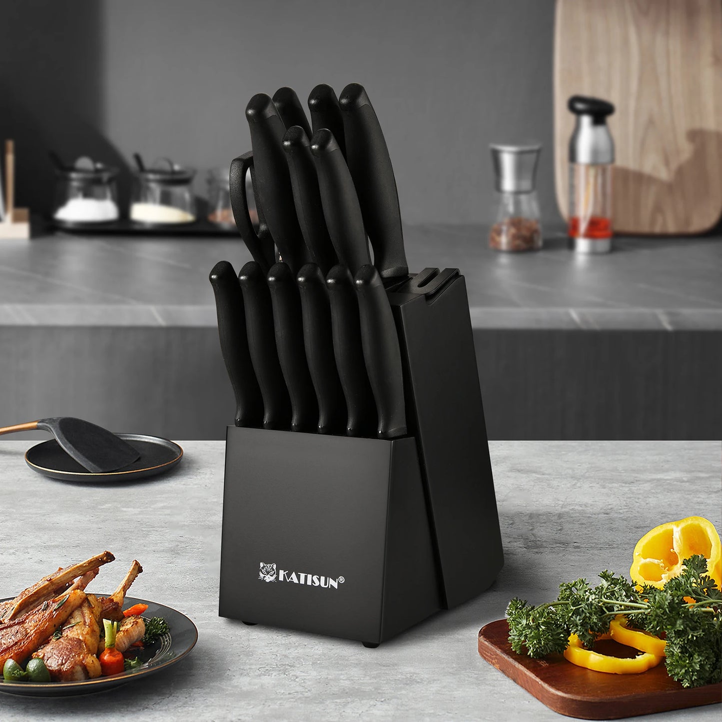 KATISUN Carbon Steel Knife Block Set With Built In Sharpener