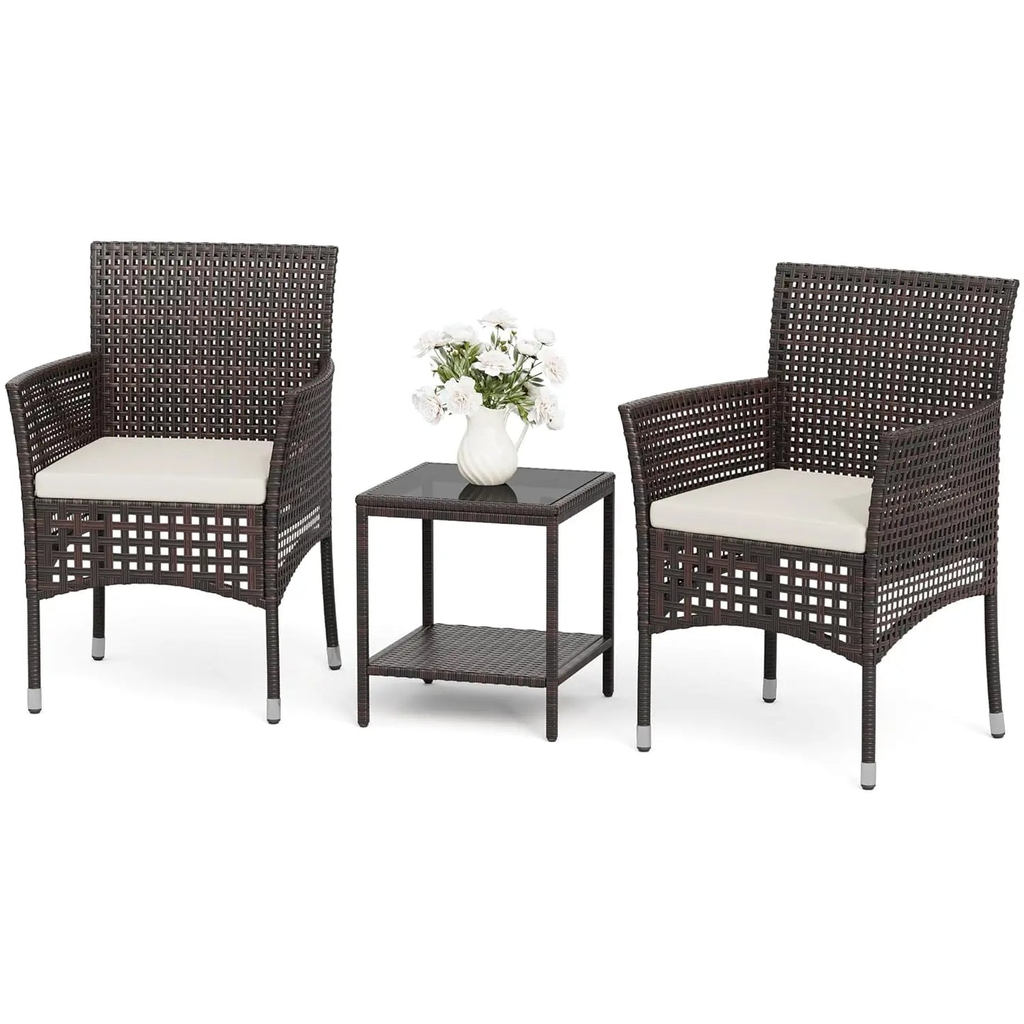 Outdoor 3 Piece Wicker Patio Furniture Set With Glass Table