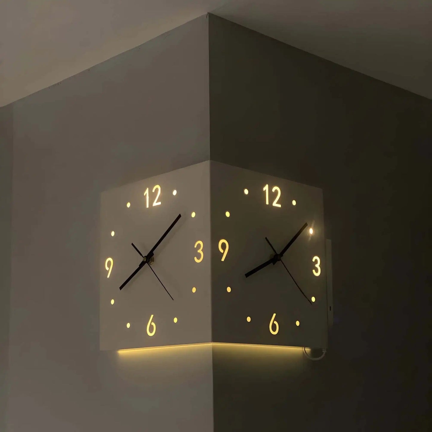 Double Sided Luminous Corner Wall Clock With Quiet Movement