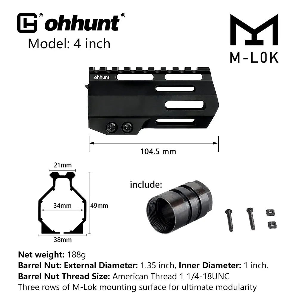 Ohhunt AR15 Free Float MLOK Handguard With Steel Barrel Nut