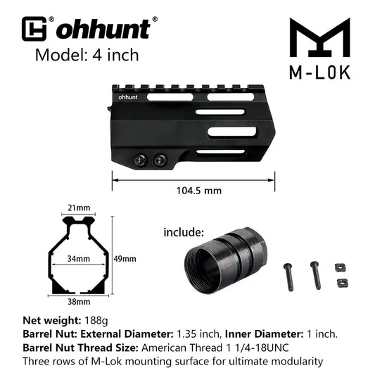 Ohhunt AR15 Free Float MLOK Handguard With Steel Barrel Nut