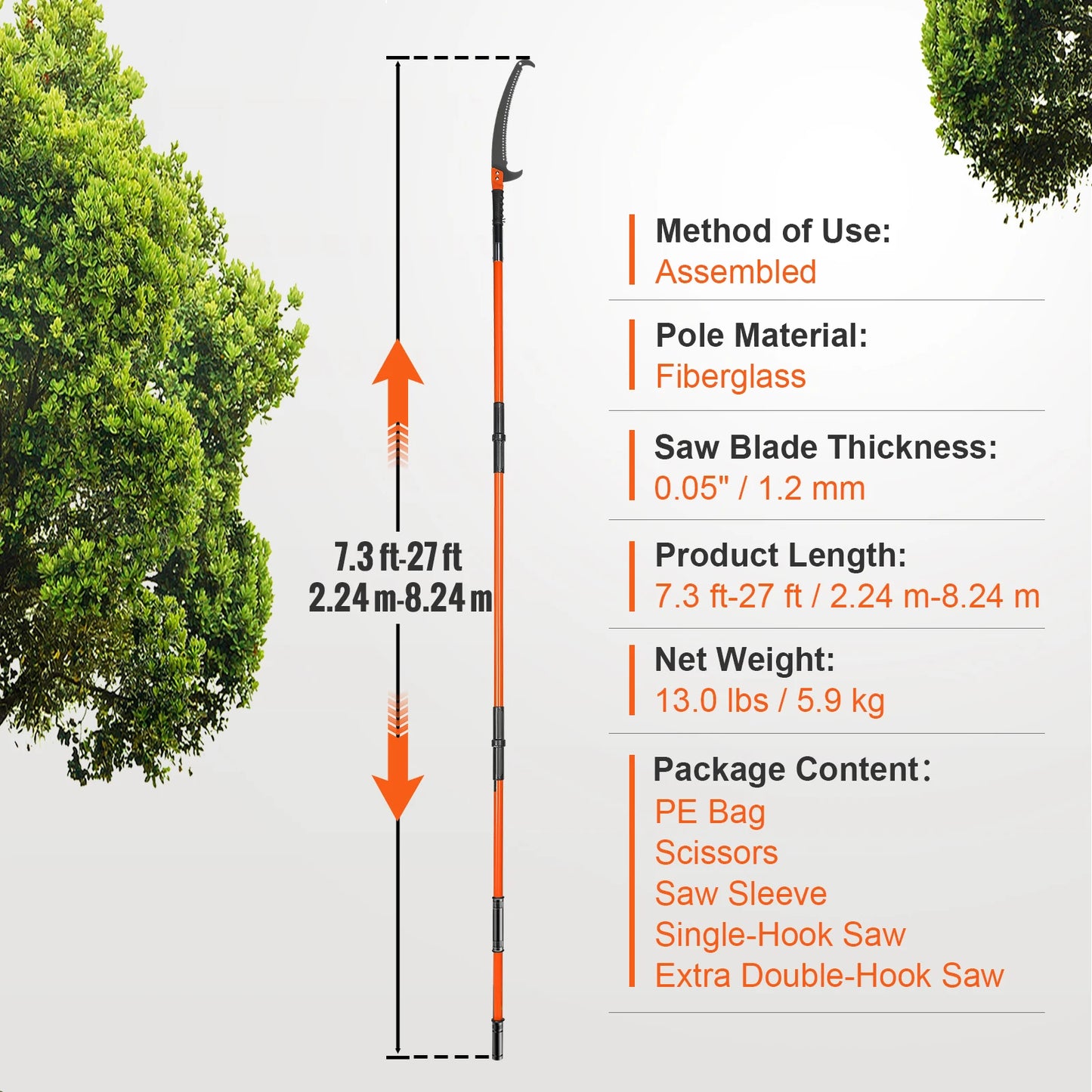 Extendable Pole Saw Pruner With Sharp Steel Blade Manual