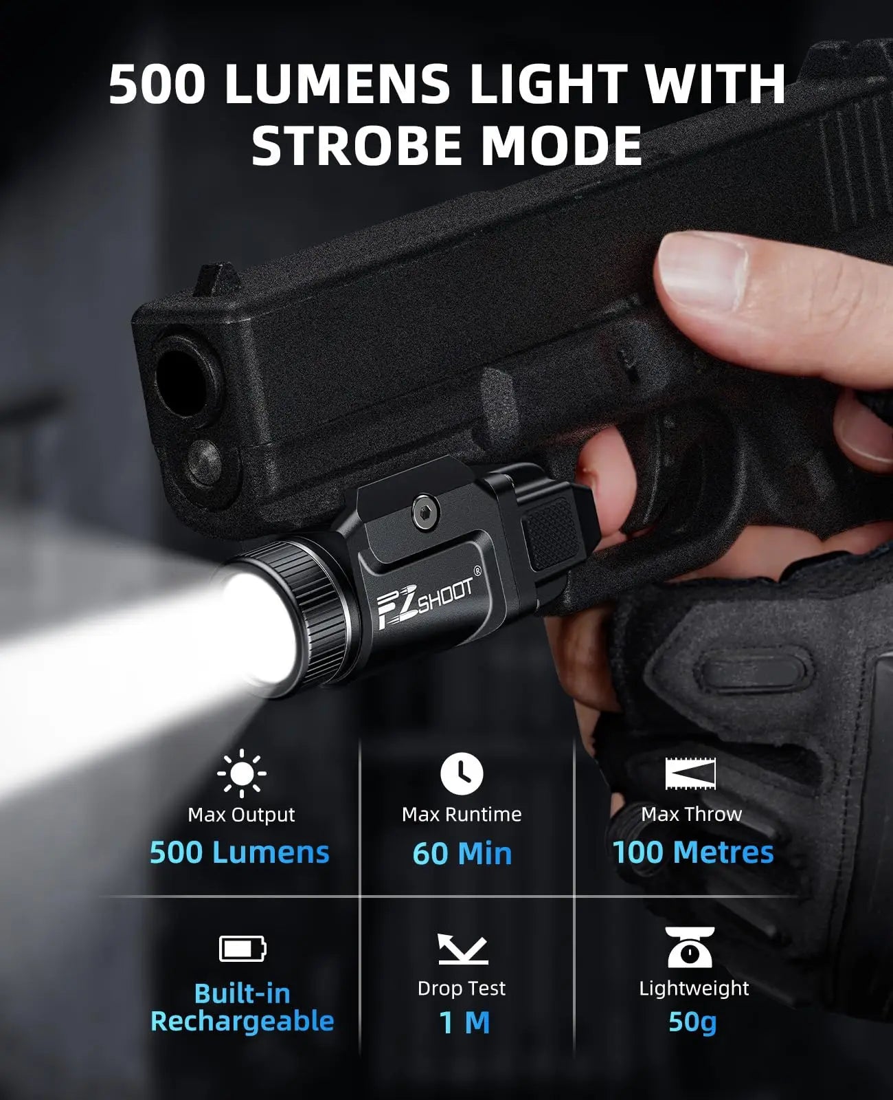 Pistol Light Rechargeable LED Flashlight With Strobe For Picatinny Rails